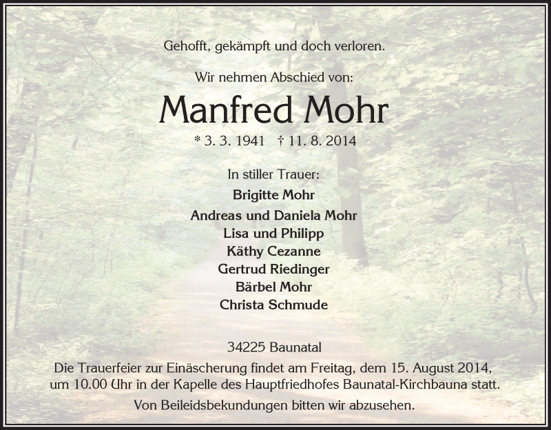  Traueranzeige für Manfred Mohr vom 14.08.2014 aus HNA
