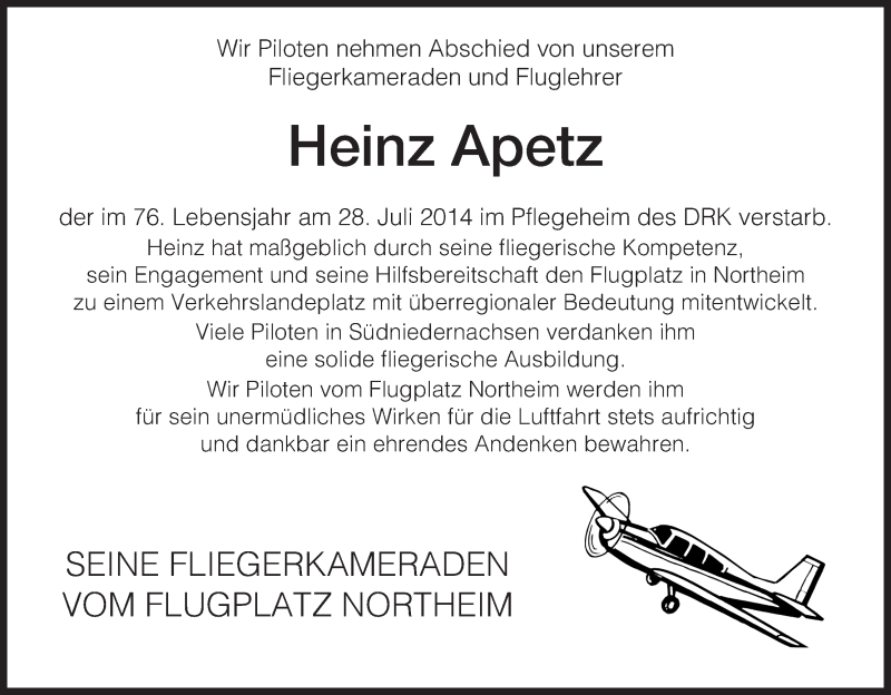  Traueranzeige für Heinz Apetz vom 16.08.2014 aus HNA