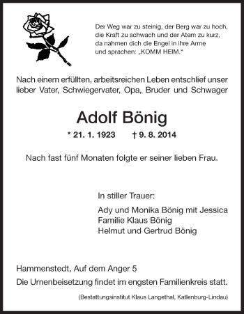 Traueranzeige von Adolf Bönig von HNA