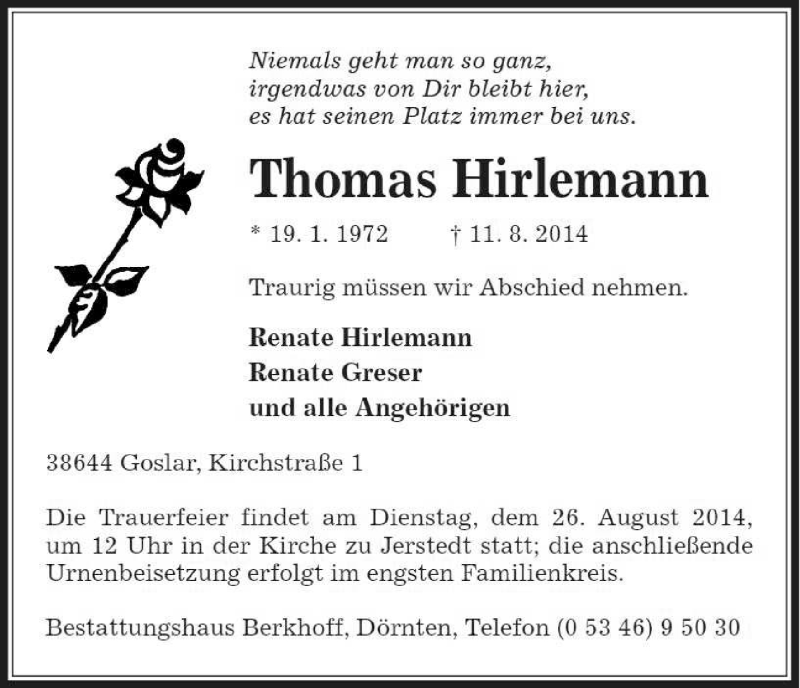  Traueranzeige für Thomas Hirlemann vom 15.08.2014 aus HNA