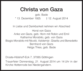 Traueranzeige von Christa von Gaza von HNA