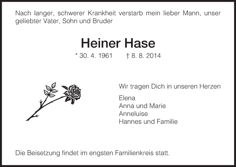  Traueranzeige für Heiner Hase vom 16.08.2014 aus HNA