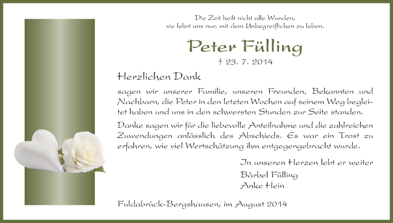  Traueranzeige für Peter Fülling vom 16.08.2014 aus HNA