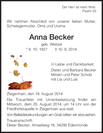 Traueranzeige von Anna Becker von HNA