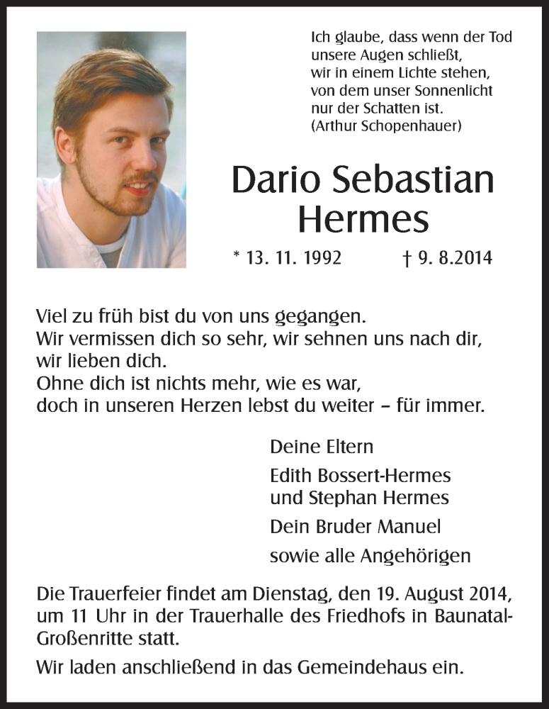  Traueranzeige für Dario Sebastian Hermes vom 16.08.2014 aus HNA