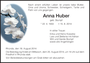 Traueranzeige von Anna Huber von HNA