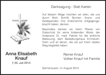 Traueranzeige von Anna Elisabeth Knauf von HNA