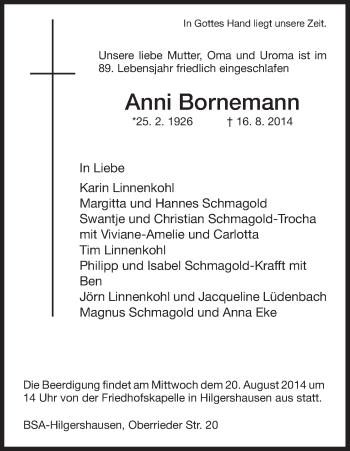 Traueranzeige von Anni Bornemann von HNA