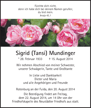 Traueranzeige von Sigrid Mundinger von HNA