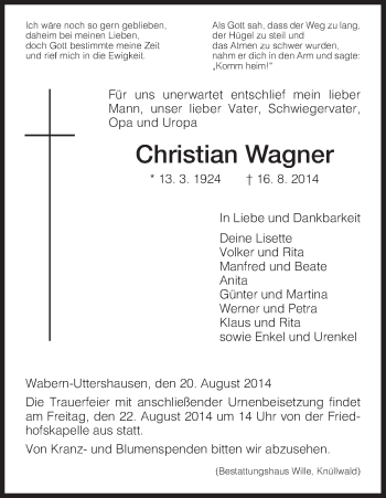 Traueranzeige von Christian Wagner von HNA