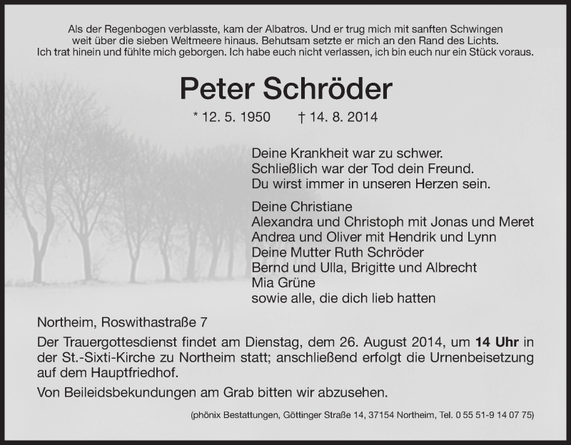  Traueranzeige für Peter Schröder vom 23.08.2014 aus HNA