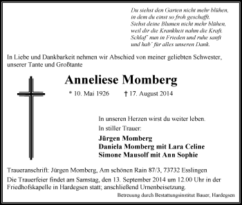 Traueranzeige von Anneliese Momberg von HNA