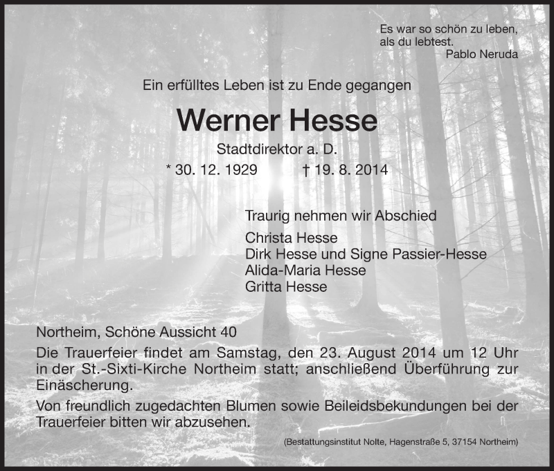  Traueranzeige für Werner Hesse vom 21.08.2014 aus HNA