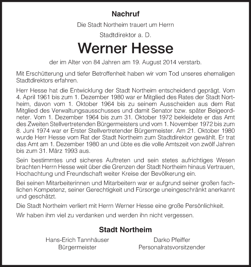  Traueranzeige für Werner Hesse vom 22.08.2014 aus HNA