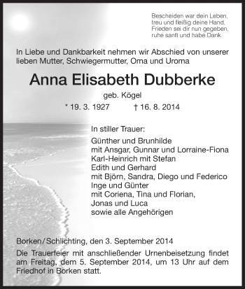 Traueranzeige von Anna Elisabeth Dubberke von HNA