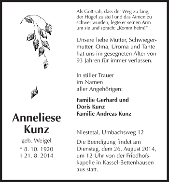 Traueranzeige von Anneliese Kunz von HNA