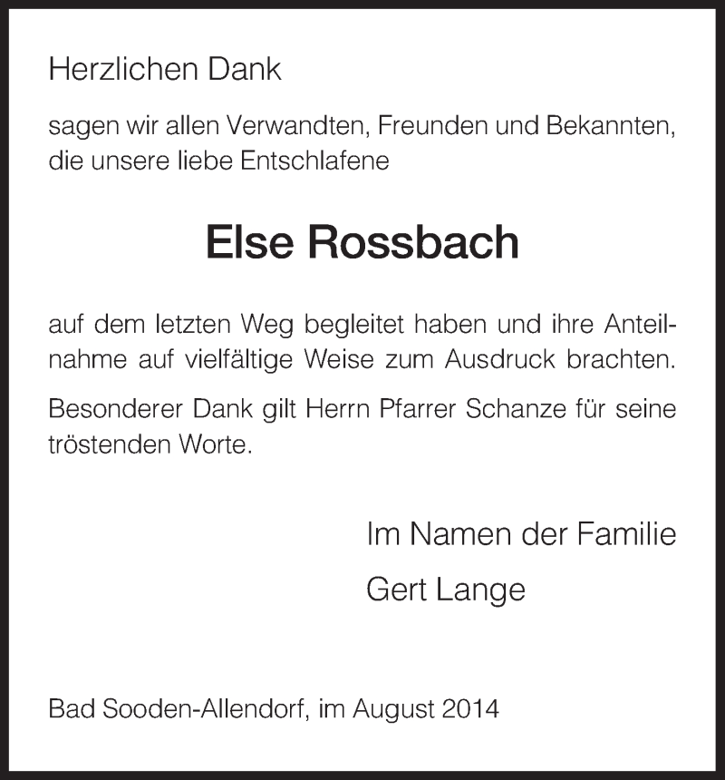  Traueranzeige für Else Rossbach vom 23.08.2014 aus HNA