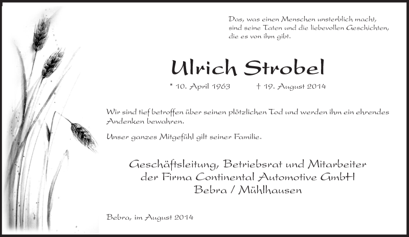  Traueranzeige für Ulrich Strobel vom 27.08.2014 aus HNA