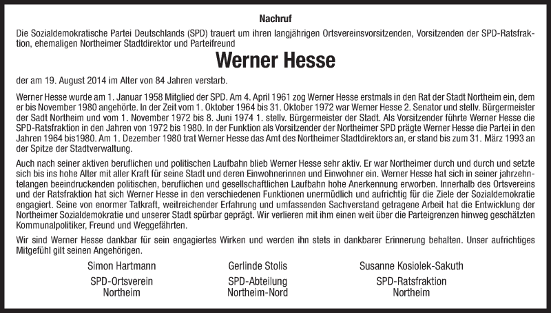  Traueranzeige für Werner Hesse vom 23.08.2014 aus HNA