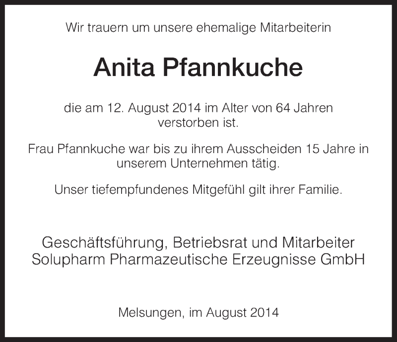  Traueranzeige für Anita Pfannkuche vom 23.08.2014 aus HNA