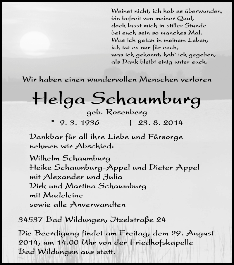  Traueranzeige für Helga Schaumburg vom 26.08.2014 aus HNA