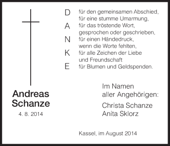 Traueranzeige von Andreas Schanze von HNA