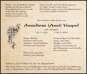 Traueranzeige von Anneliese Vaupel von HNA