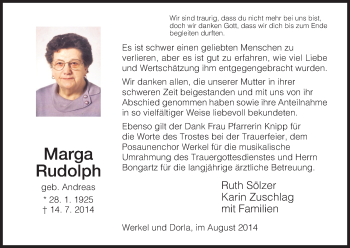 Traueranzeige von Marga Rudolph von HNA