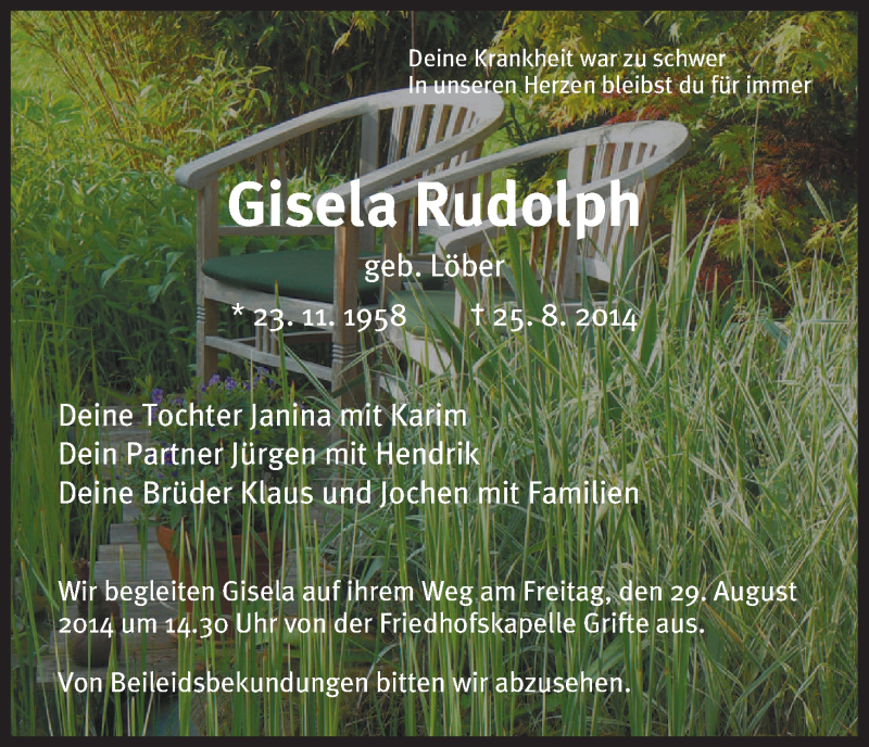  Traueranzeige für Gisela Rudolph vom 27.08.2014 aus HNA