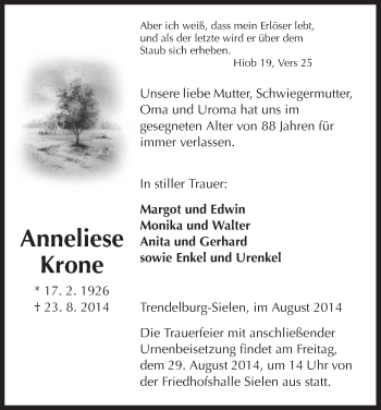 Traueranzeige von Anneliese Krone von HNA