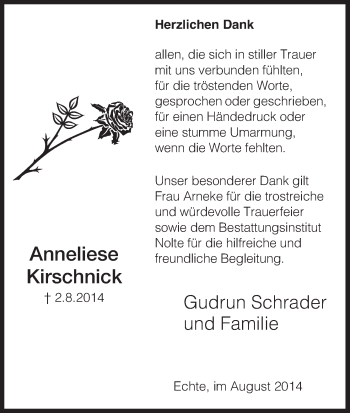 Traueranzeige von Anneliese Kirschnick von HNA