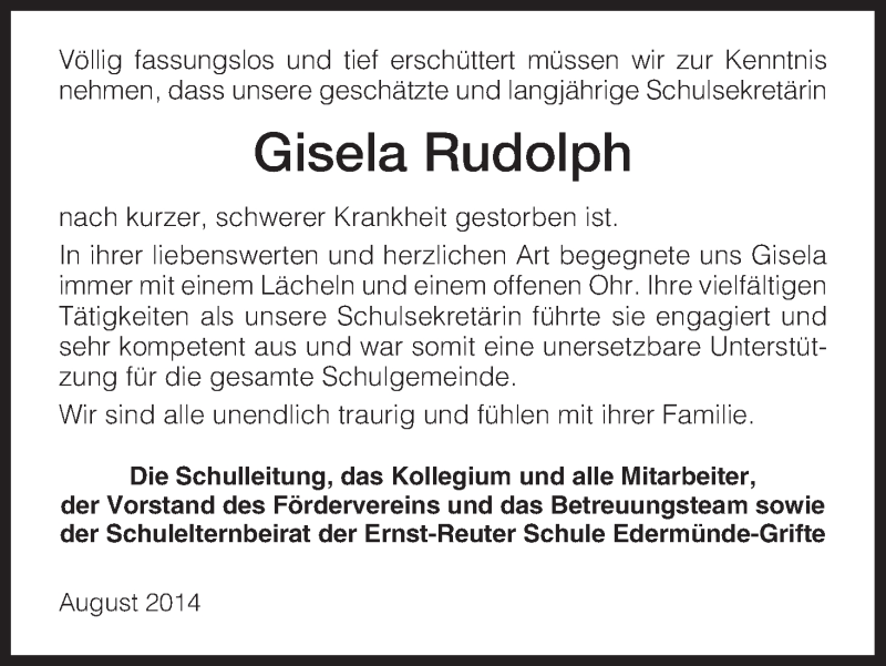  Traueranzeige für Gisela Rudolph vom 29.08.2014 aus HNA