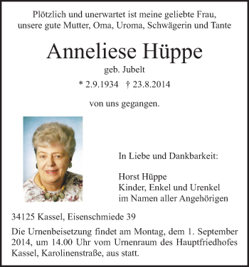 Traueranzeige von Anneliese Hüppe von HNA