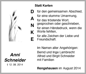 Traueranzeige von Anni Schneider von HNA