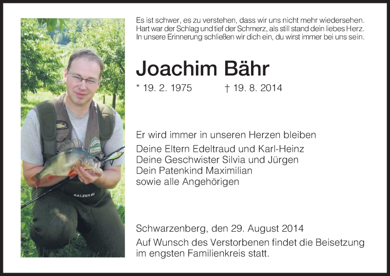  Traueranzeige für Joachim Bähr vom 29.08.2014 aus HNA