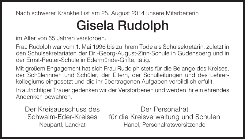  Traueranzeige für Gisela Rudolph vom 29.08.2014 aus HNA