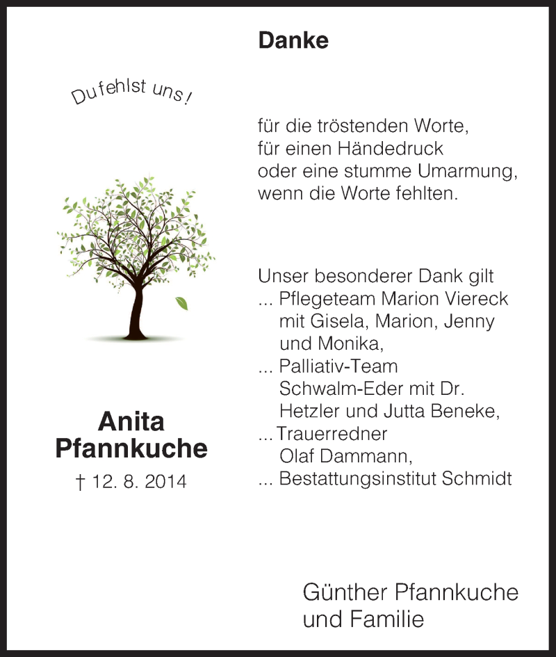  Traueranzeige für Anita Pfannkuche vom 30.08.2014 aus HNA
