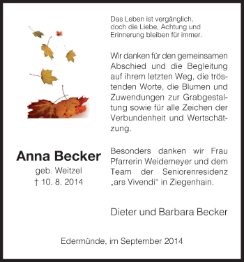 Traueranzeige von Anna Becker von HNA