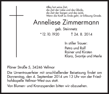 Traueranzeige von Anneliese Zimmermann von HNA