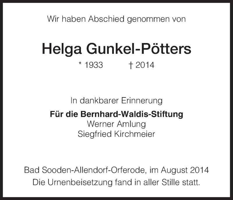  Traueranzeige für Helga Gunkel-Pötters vom 03.09.2014 aus HNA