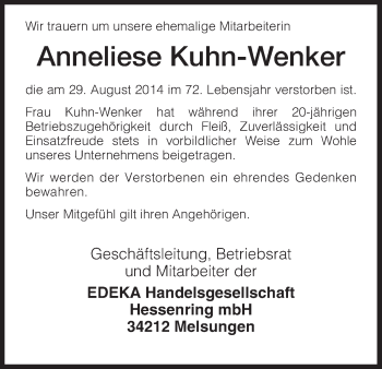 Traueranzeige von Anneliese Kuhn-Wenker von HNA