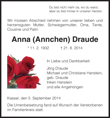 Traueranzeige von Anna Draude von HNA