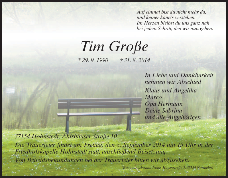  Traueranzeige für Tim Große vom 03.09.2014 aus HNA