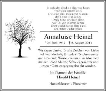 Traueranzeige von Annaluise Heinz von HNA