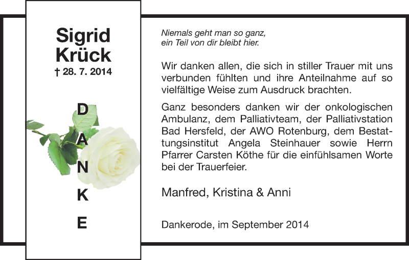  Traueranzeige für Sigrid Krück vom 06.09.2014 aus HNA