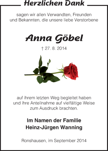 Traueranzeige von Anna Göbel von HNA