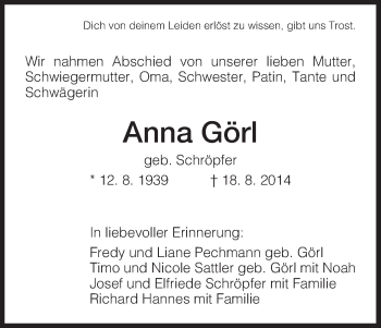 Traueranzeige von Anna Görl von HNA