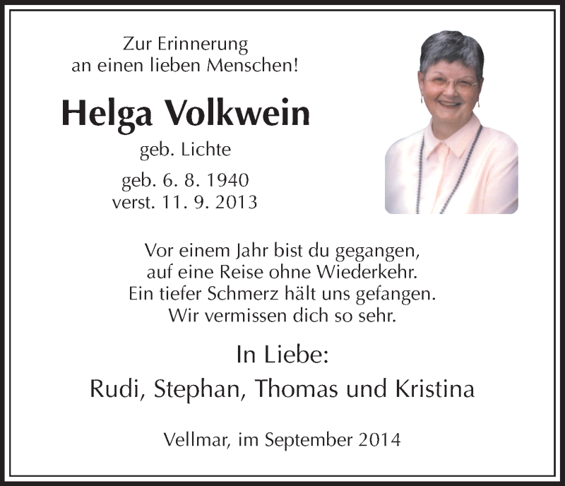  Traueranzeige für Helga Anna Volkwein vom 11.09.2014 aus HNA