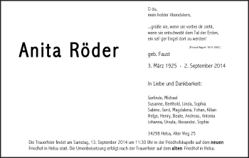 Traueranzeige von Anita Röder von HNA