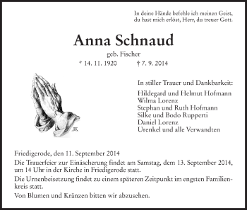 Traueranzeige von Anna Schnaud von HNA